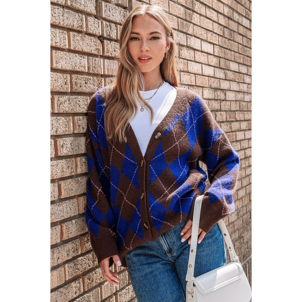 Cupshe Brown‎ Blue Argyle Oversized V-Neck Button Cardigan Sweater